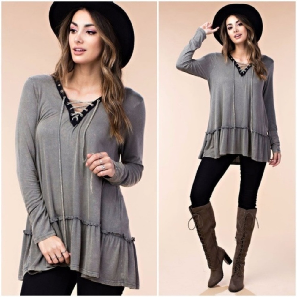 sante fe // ruffle hem lace up tunic top in gray